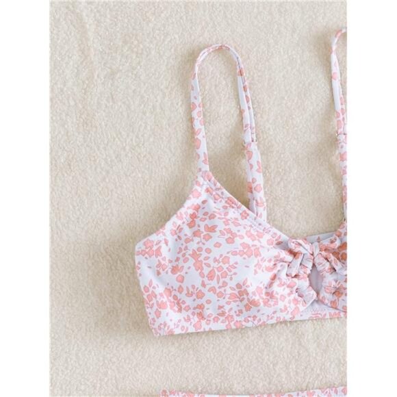 Girls' 2‎ Piece Ditsy Floral Print Knot Front Ruched Triangle Bikini Swimsuit - Picture 3 of 5